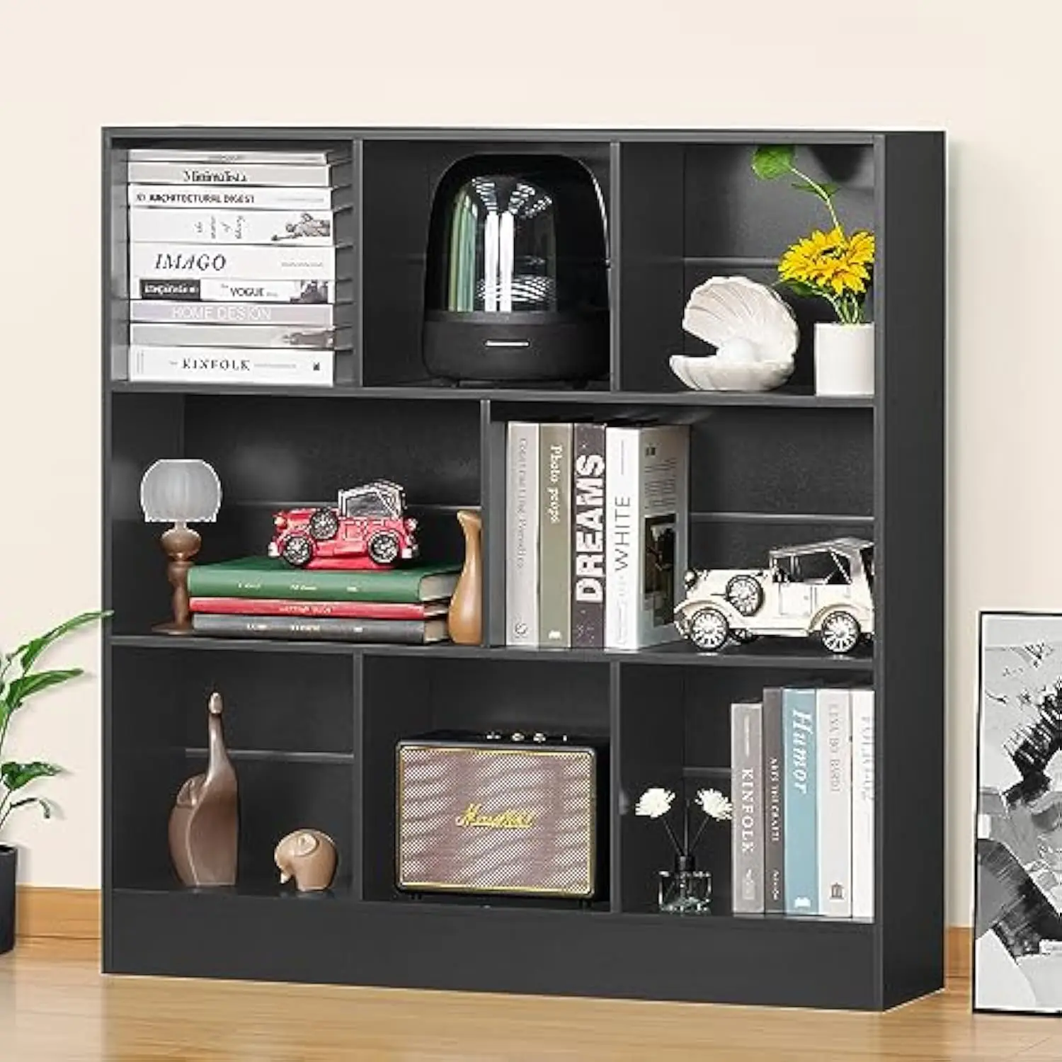 

Black Wide Bookshelf,3 Tier Modern Horizontal Bookcase, Wood Low Bookshelf Display Storage Cabinet with Base, Floor Standing 8