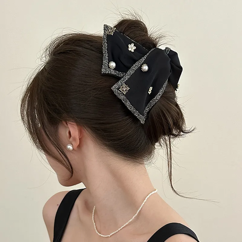 

Винтажный коготь для волос с жемчужным цветком, атласный зажим с бантом для прически, булочка, нескользящие аксессуары для волос