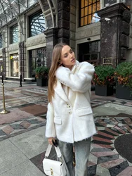 Fashion Pink Woolen Jacket Women Winter V Neck Mohair Buttons Single Breasted Pockets Coat Ladies Office Street Casual Outerwear