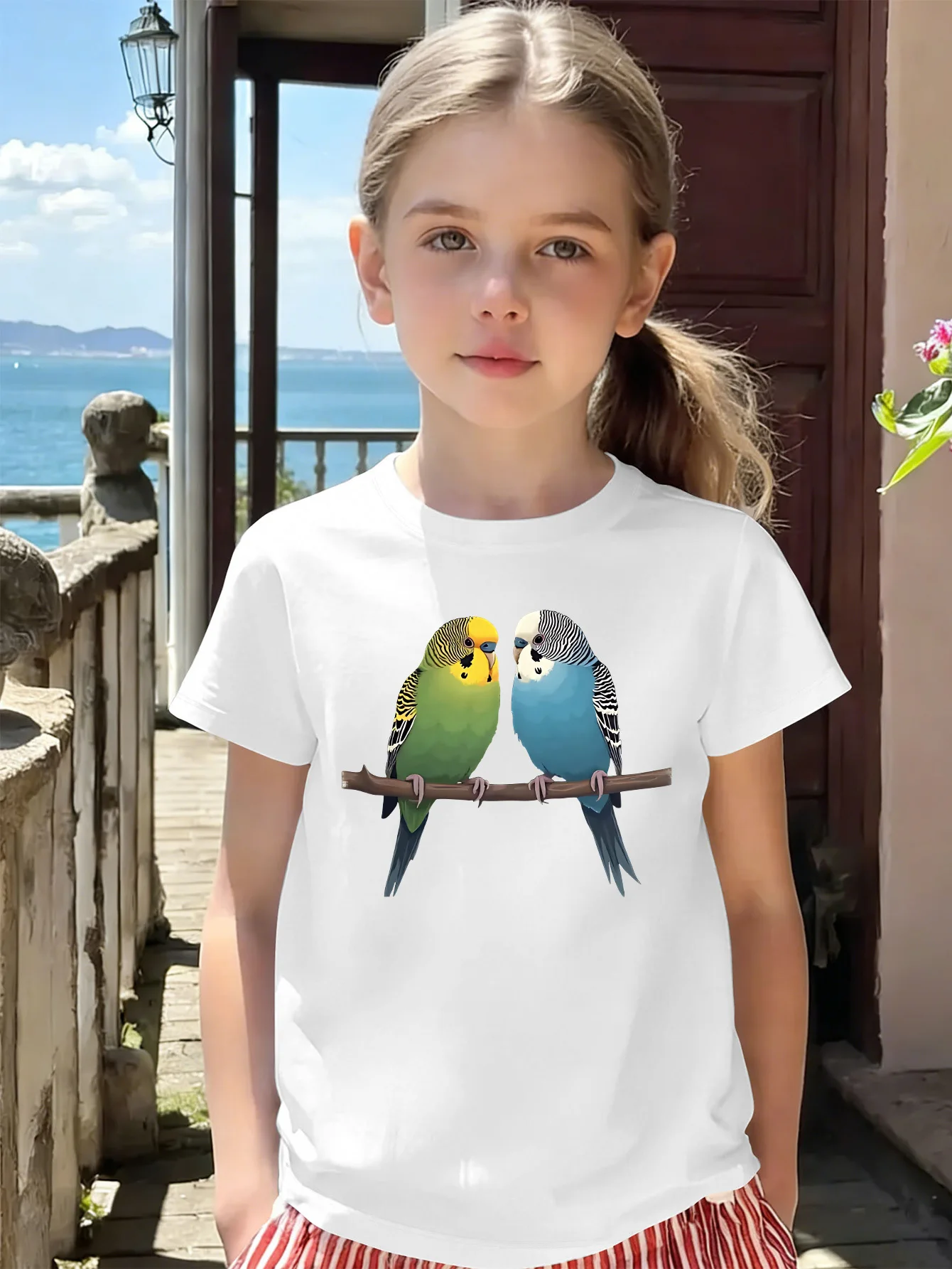 Lovely Two Budgies Parrot Cartoon Kids T Shirt Boys Girls Short Sleeve Crew Neck Cotton Parent Matching Tops Toddler Youth