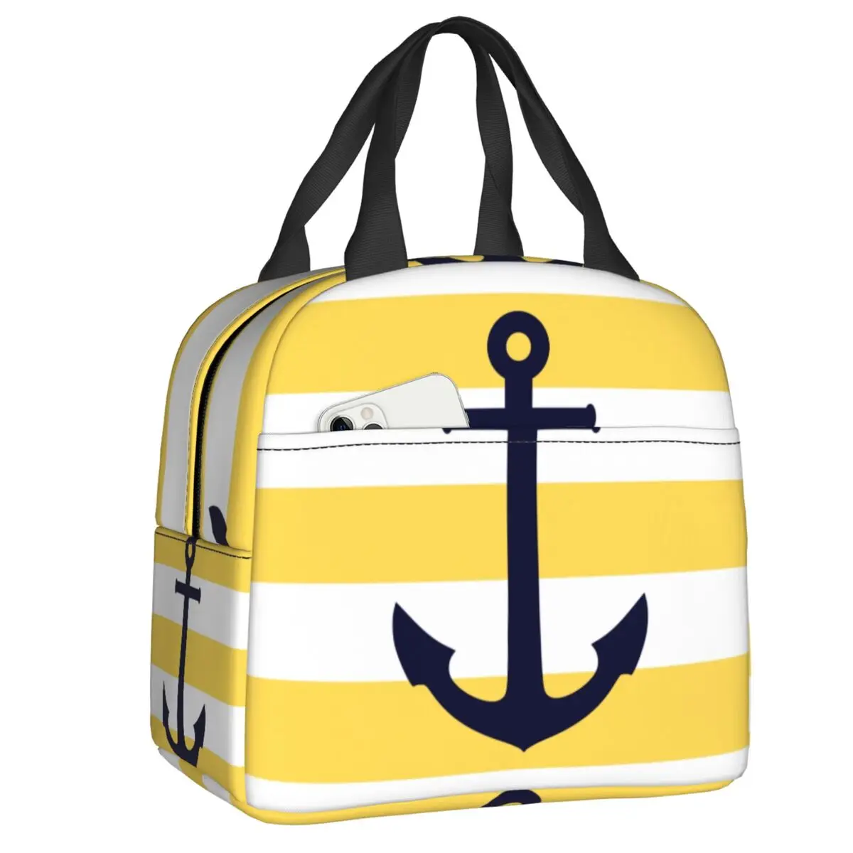 Custom Nautical Navy Blue Anchor Yellow Stripes Insulated Lunch Bag for Women Waterproof Sailing Sailor Cooler Thermal Lunch Box