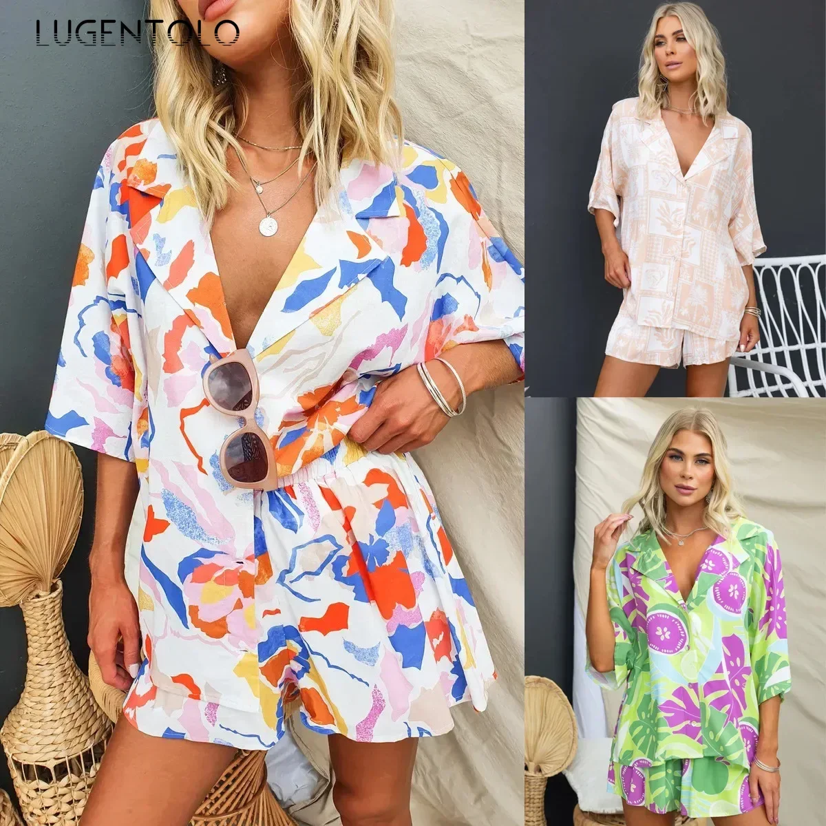 

Women Bohemian 2 Piece Shorts Set Print Loose Suit Style Short Sleeve Shirt Casual Elasticated Waist Beach Holiday Party Wear