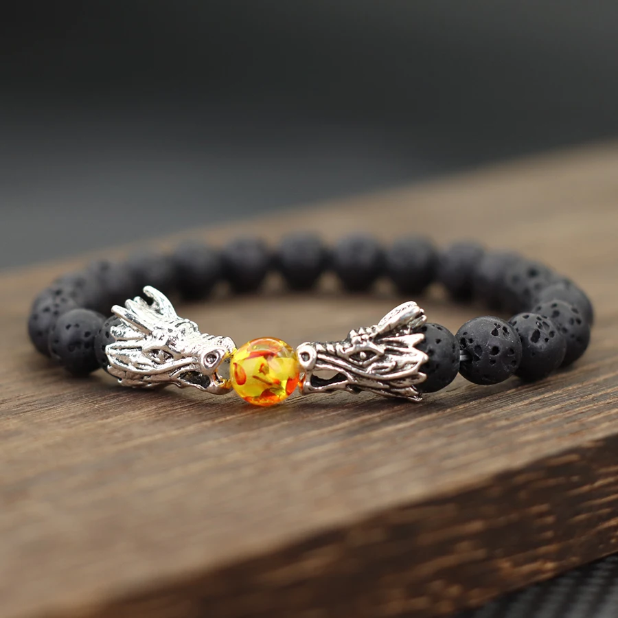 Men Natural Stone Bracelet Double Dragon Play Beads Volcanic Stone White Howlite Beaded Braslet Rock Hip Hop Cool Wrist Jewelry