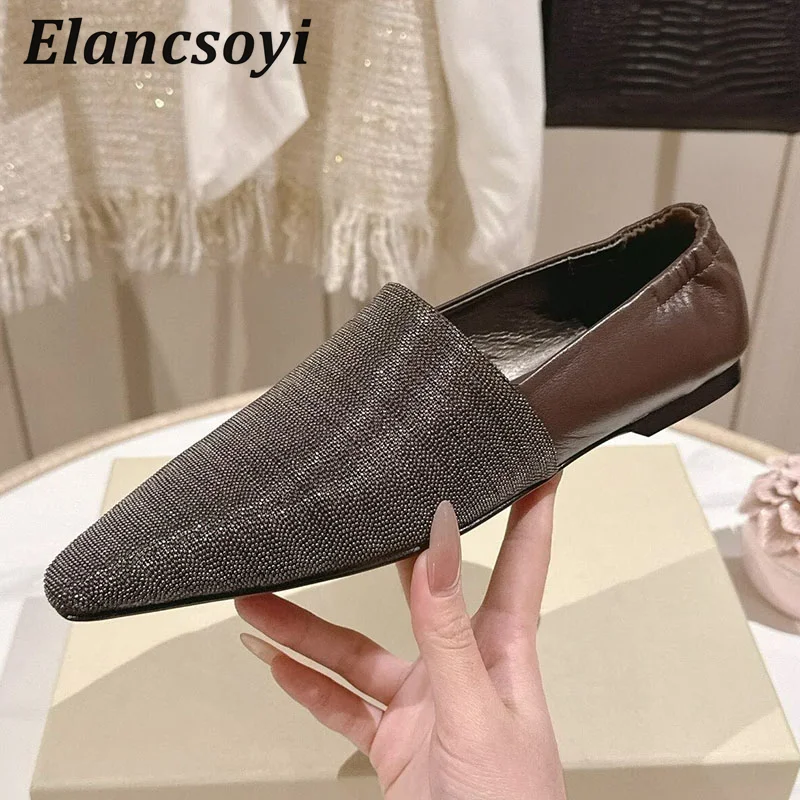 Lazy Loafers Women's Real Leather String Bead Square Toe Flat Shoes Deep Mouth Single Shoes Spring Summer Versatile Doudou Shoes