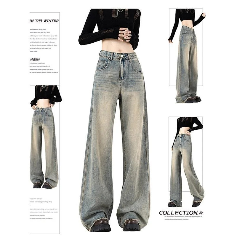 

High Waist Wide Leg Jeans Men Women Spring Slim Straight Retro Yellow Mud Color Floor Length Denim Pants Youth Fashion