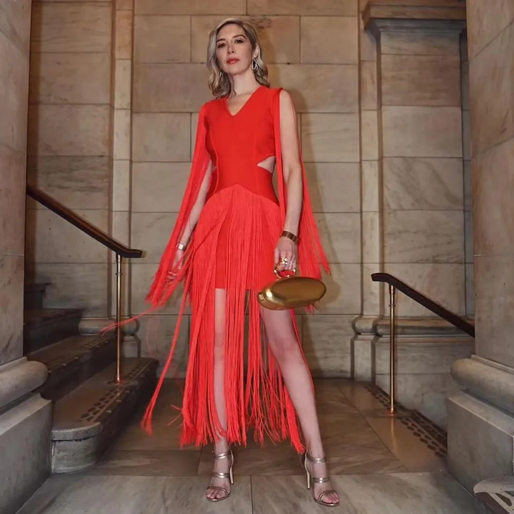 

Elegant Red V-Neck Hollow out Tassel Trim Slim Fit Wrap Dress Casual Party Fashionable Wine Serving Evening Gown