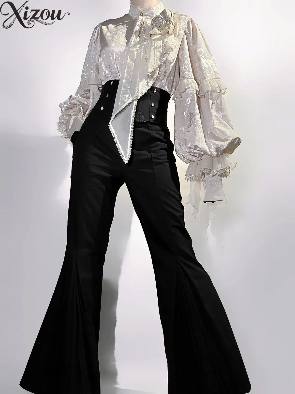 Women Ouji Lolita Prince 2 Piece Set Ruffle Mock Neck Long Sleeve Blouse Flare Pant Victorian Gothic Elegant Cosplay Outfit