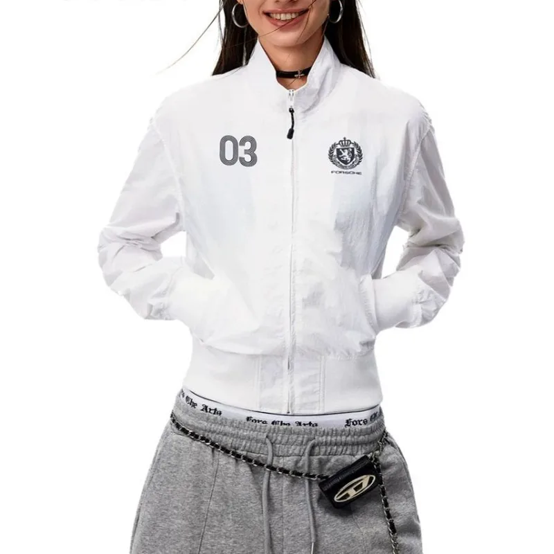 

Легкая женская уличная куртка-ветровка с охлаждающим эффектом и защитой от солнца, в американском ретро-спортивном стиле, модная белая кофта с длинным рукавом, UPF50