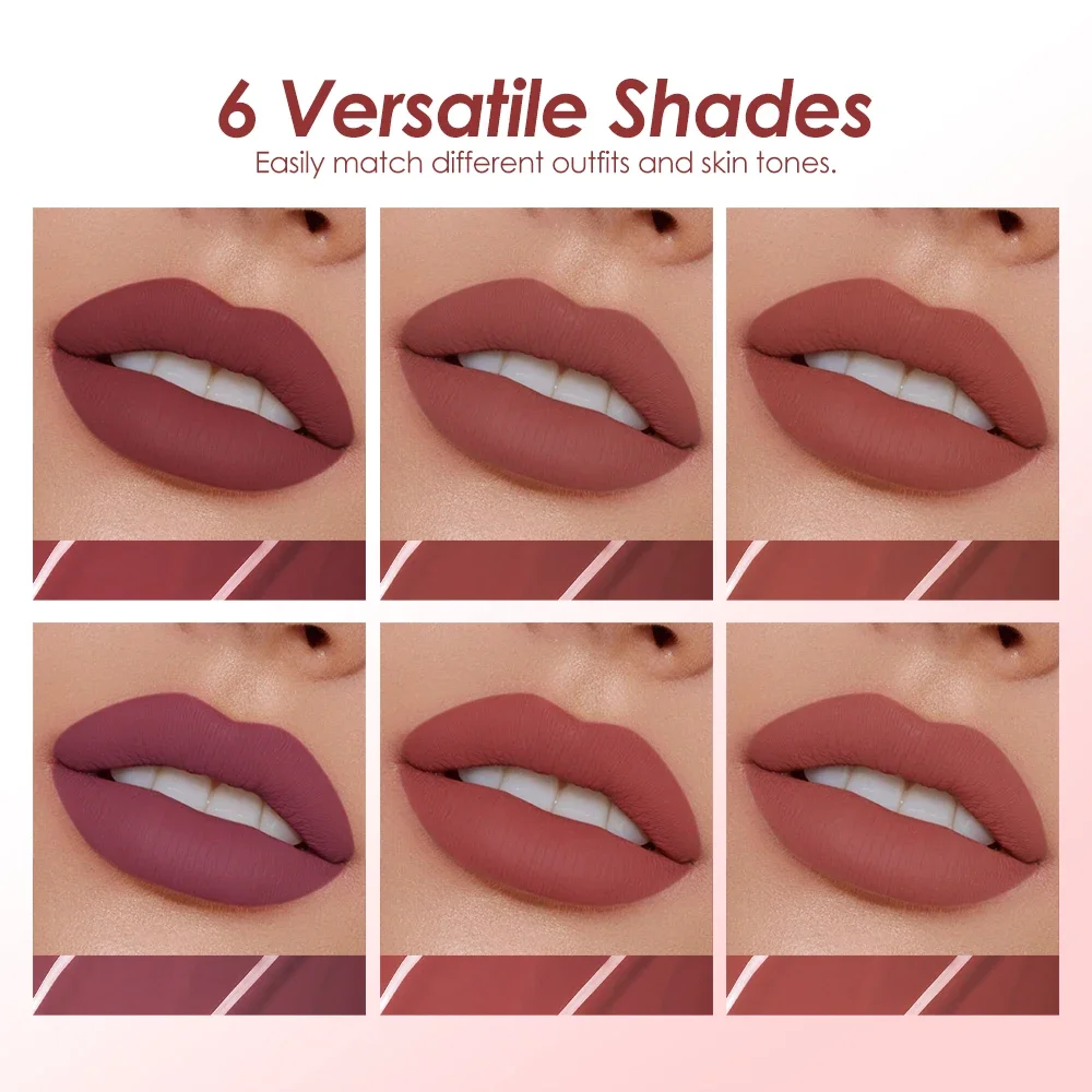 6-Pack Velvet Matte Lip Gloss, rich color, lightweight texture, ease dry lips, create retro and casual lip looks