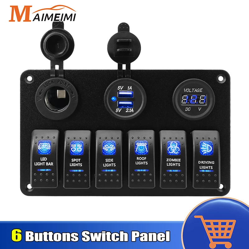 

6 Toggle Rocker Control Switch Panel Dual USB Charging 12V 24V Circuit Breaker Voltage Overload Protection Car Boat Switch Panel