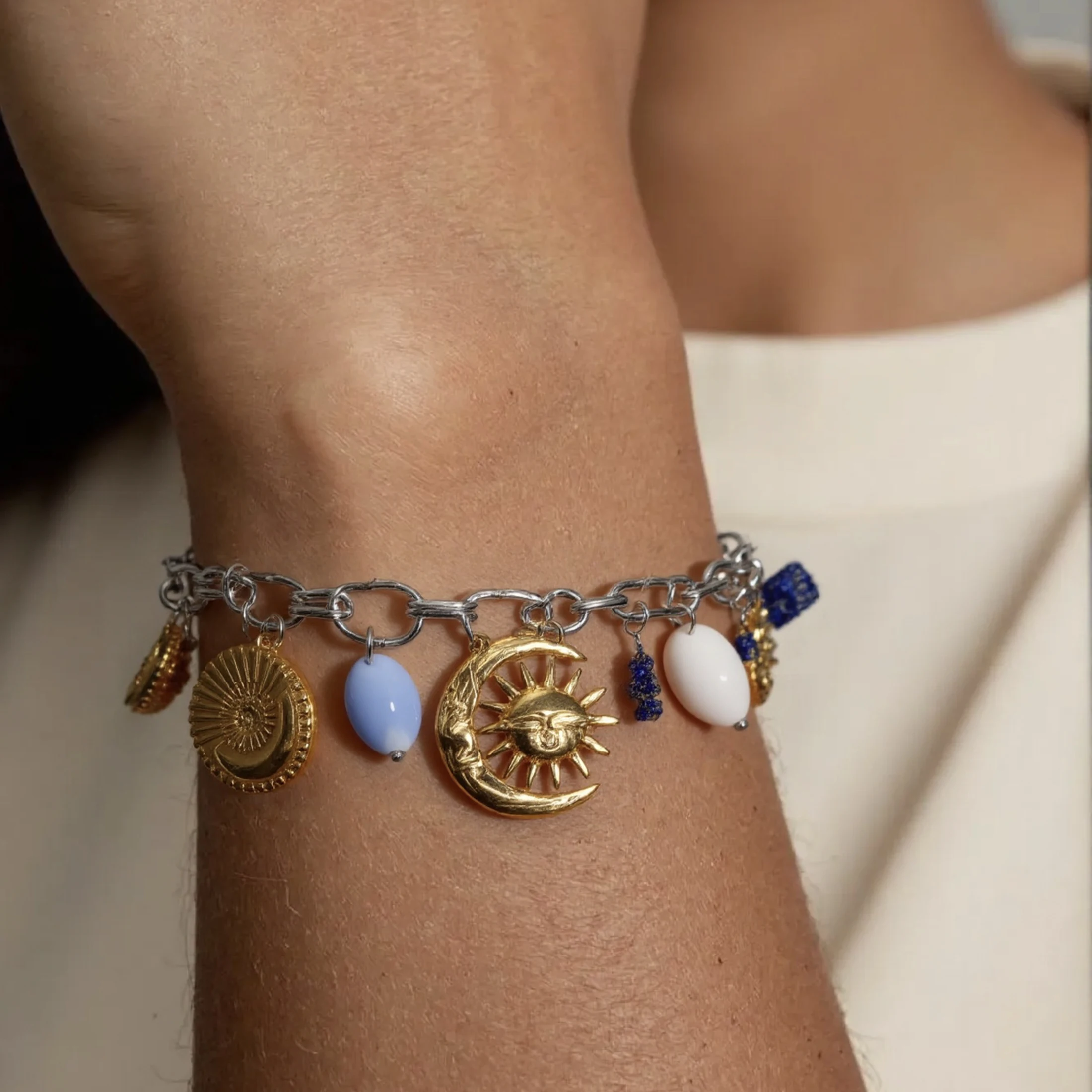 

Silvery Tone Stainless Steel Sun Moon Charm Bracelet with Synthetic Zirconia and Crystal Pendants for Women