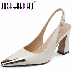 1948 jochebed hu】scarpe con tacco in vera pelle di marca Block décolleté con schienale alto doppie fibbie sandali vuoti con retro nudo da donna 33-41