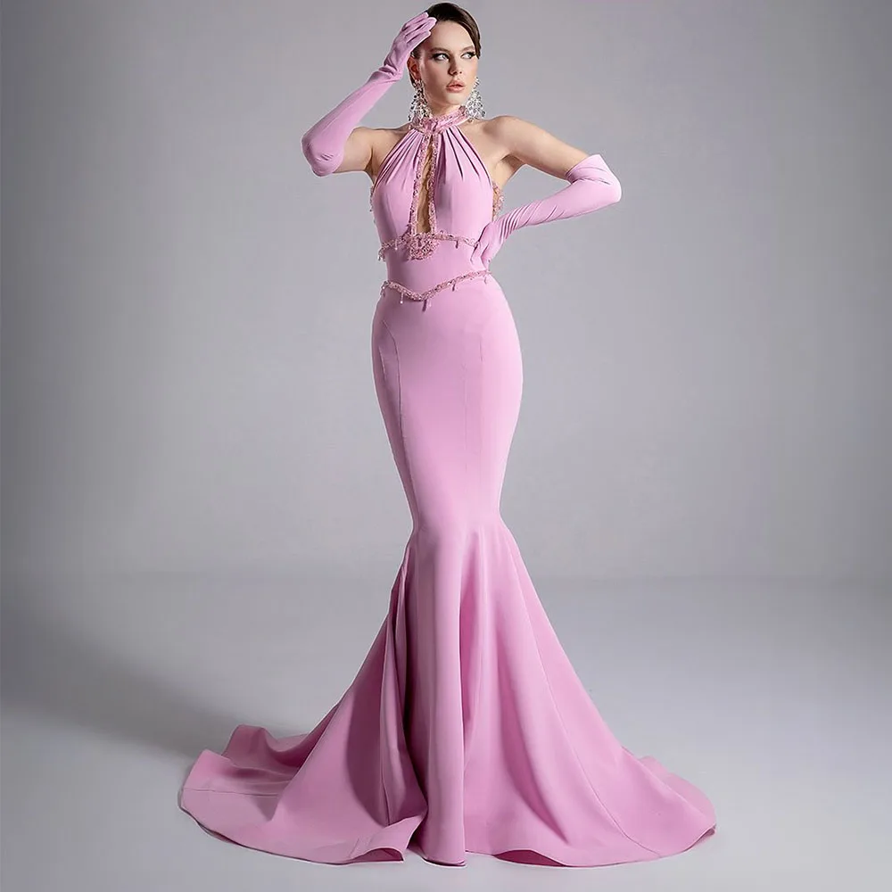Sukienka wieczorowa w stylu syreny, różowa, bez rękawów, z dekoltem typu O, do ziemi, zdobiona koralikami, z trenem, idealna na wesele lub przyjęcie.