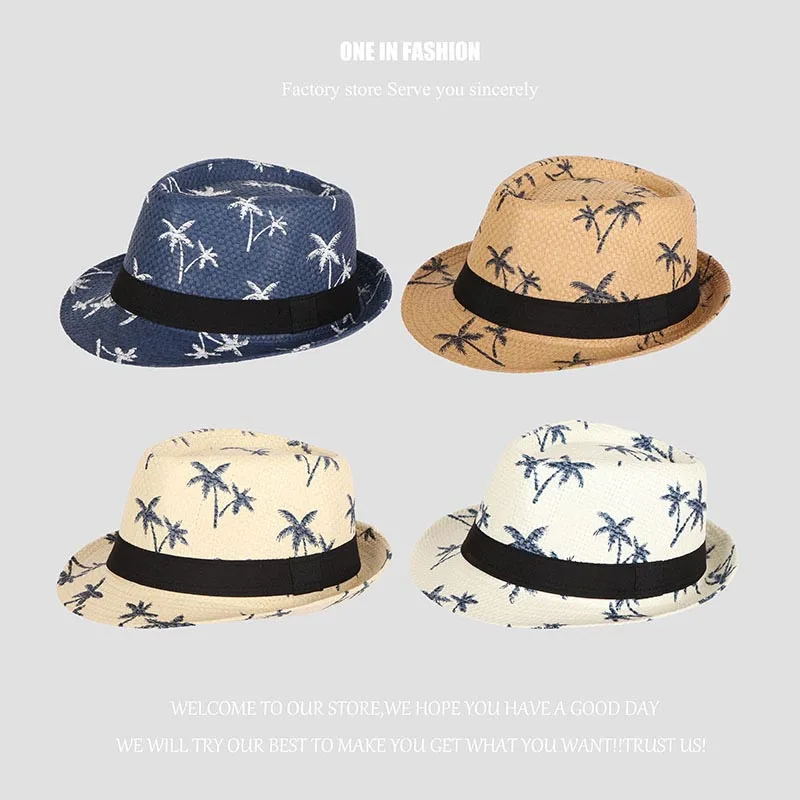 Linen Woven Jazz Straw Hat Men And Women Models Coconut Tree Pattern Sun Hat Summer Beach Travel Sunscreen Ribbon Hat