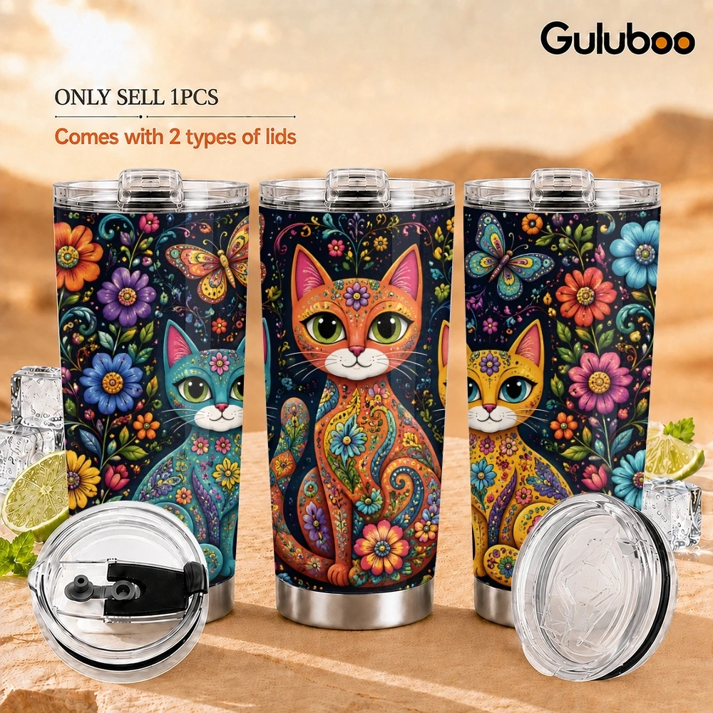 Folk Art Cat Vacuum Flasks 20oz Long Lasting Hot Cold Drinks Container Leakproof Stainless Steel Cup&Straw&Travel Gift