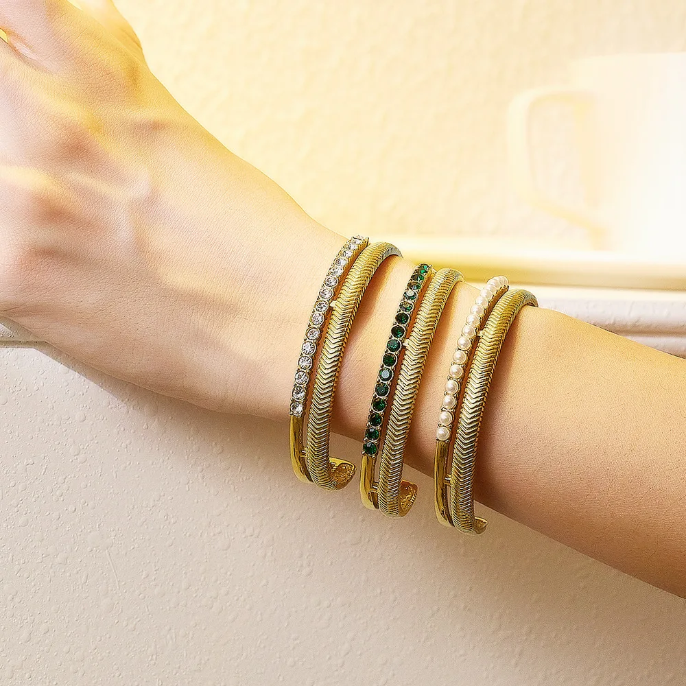 Vintage Textured 18K Gold Plated Stainless Steel Cuff Bracelets Women Zircon Pearl Stackable Daily Casual Gift Jewelry