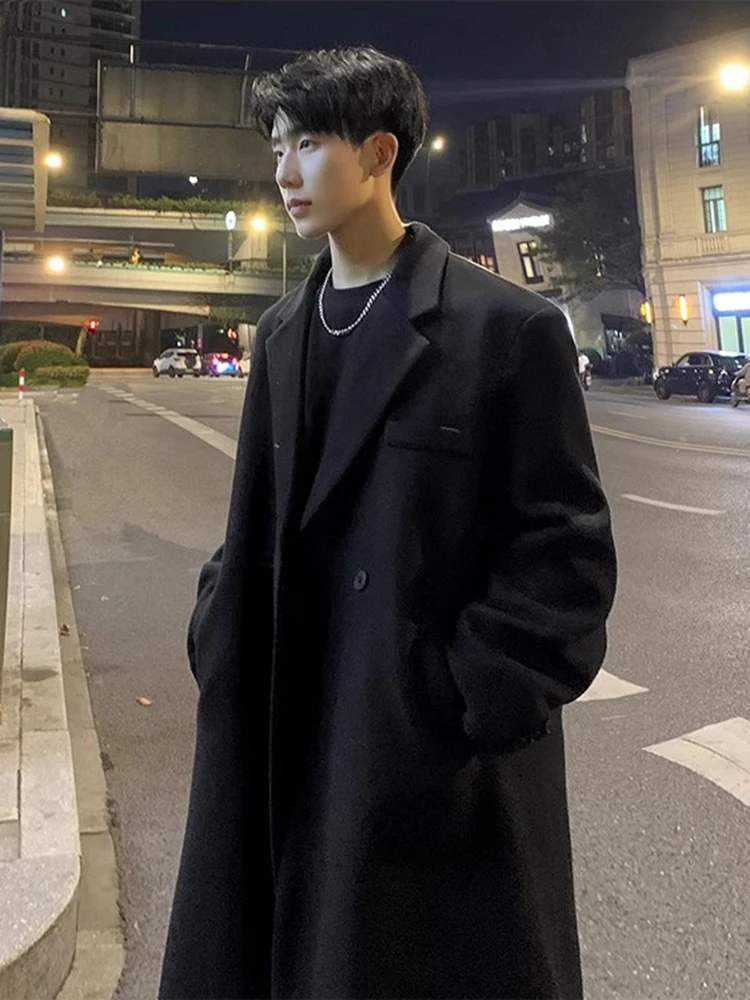 Fashion Woolen Coat Men's Mid-Length Autumn Winter Thick Loose Below The Knee Trench Coat Long Sleeve Men's Woolen Suit Jacket