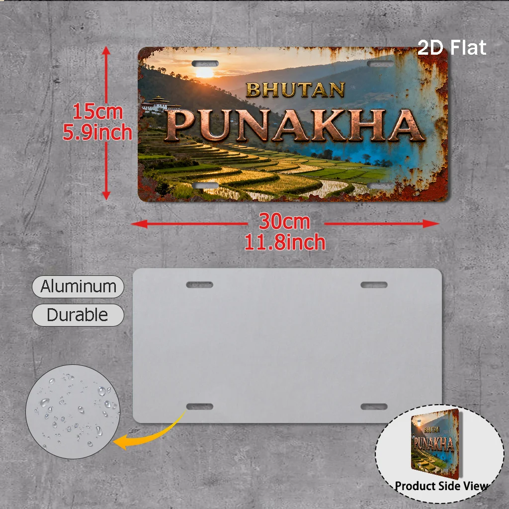2D Flat 1pc Vintage Bhutan Punakha Landscape Sign| Retro Himalayan Decor, Aluminum Yard& Wall Art,Ideal for Living Room