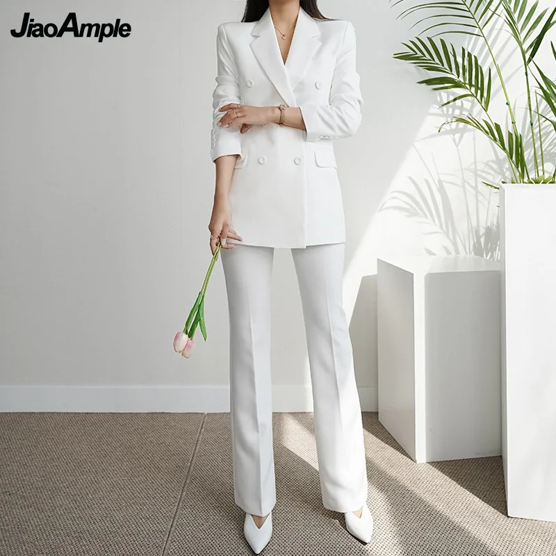 2022 Spring Autumn Women Two Pieces Blazer Pants Set Korean Graceful Office Lady White Suit Coat+High Waist Trouser OL Outfits