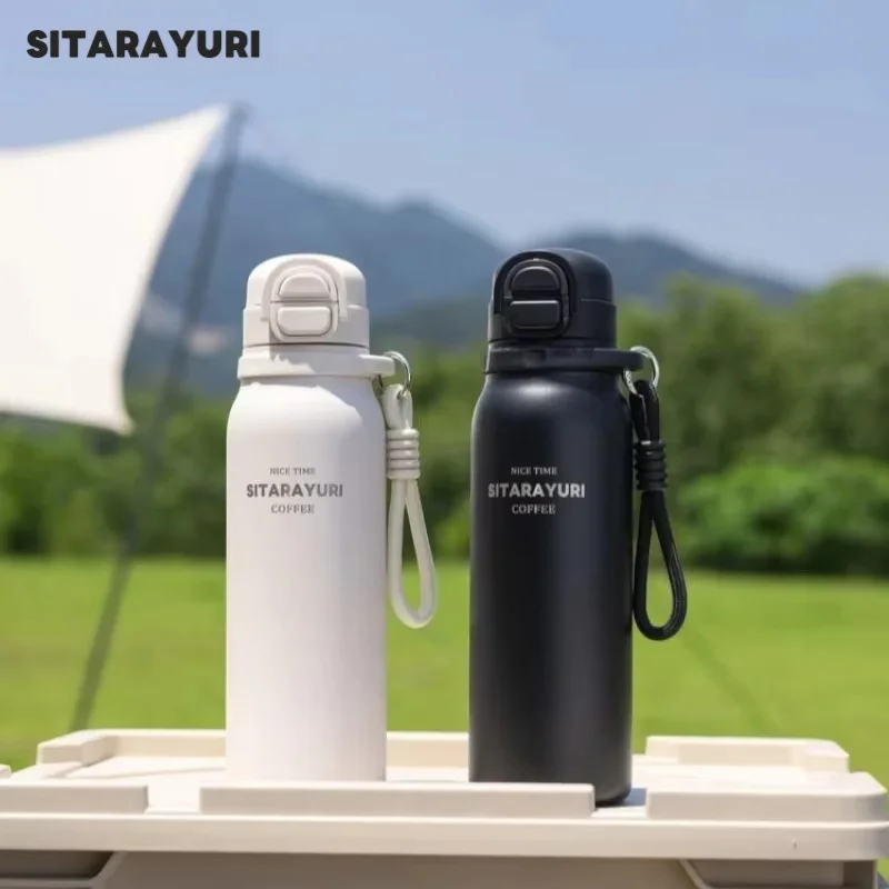 SITARAYURI Sports Thermos Cup 600ML Pop-up Straw Thermal Mug Double-drinking Water Bottles with Carrying Rope Portable Car Cups