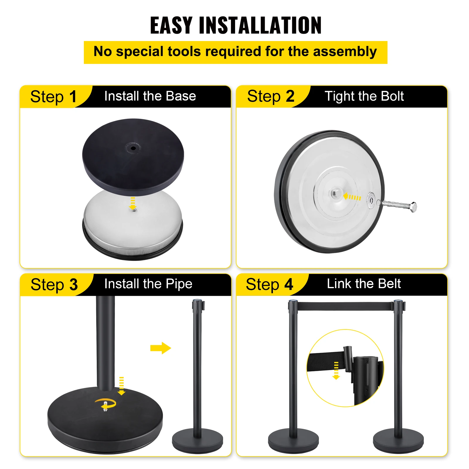 VEVOR 8Pcs Crowd Control Stanchion Stanchion Barriers Heavy-Duty Iron Base Posts with 6.6 ft/2 m 4-Way Black Retractable Belt