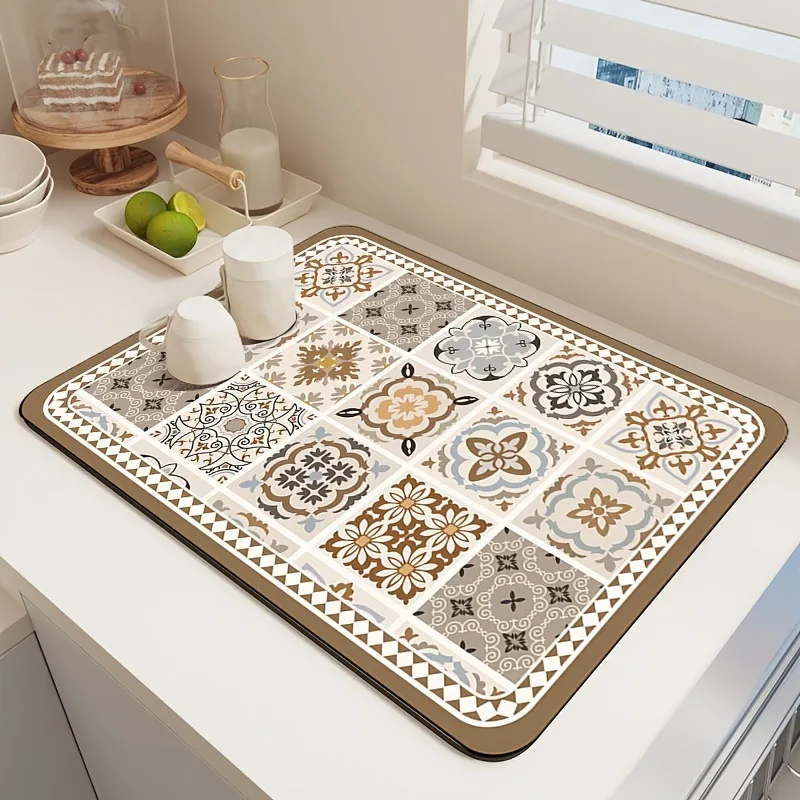 Green Floral Tile Kitchen Absorbent Mat Non-Slip Dish Pad