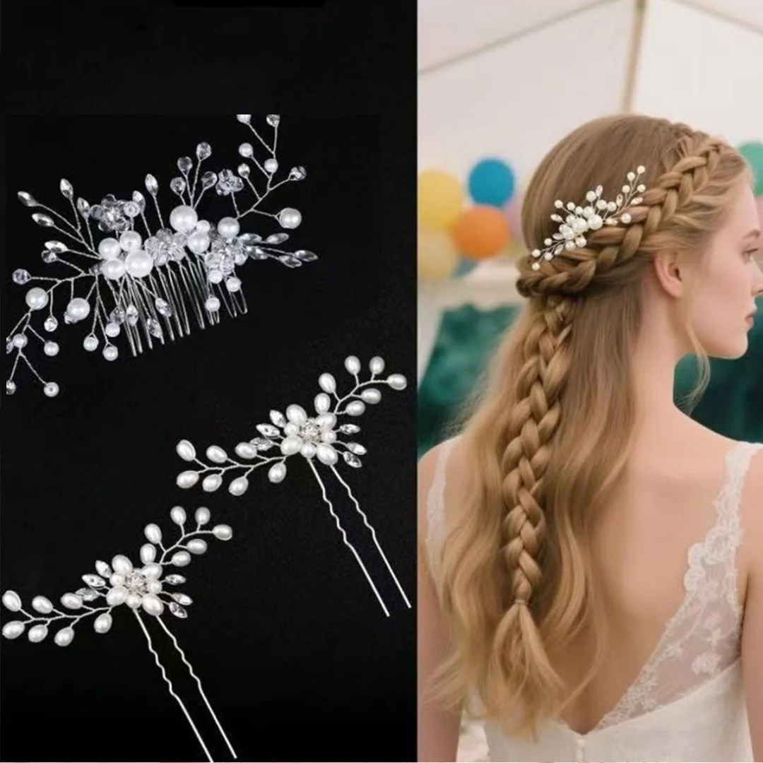 The bride's headpiece features pearl and crystal beads on a comb. This is an elegant handmade hair accessory with embedded cryst
