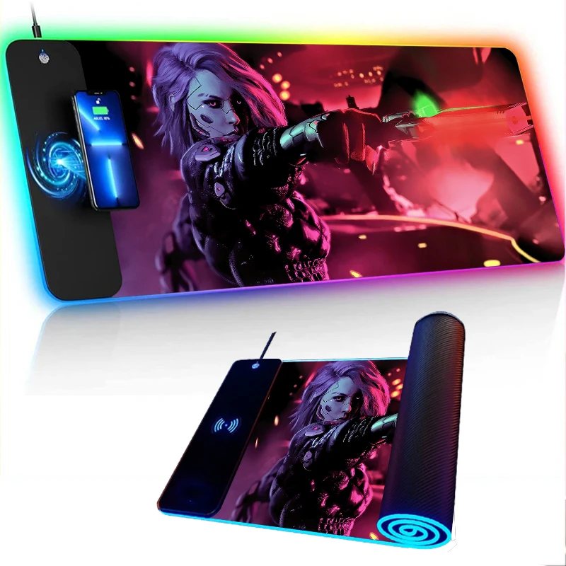 

Cyberpunk Wireless Charging RGB Mouse Pad Gamer Mousepad Speed Gaming Room Decoration Moise Office Accessories for Desk Xxl Mat