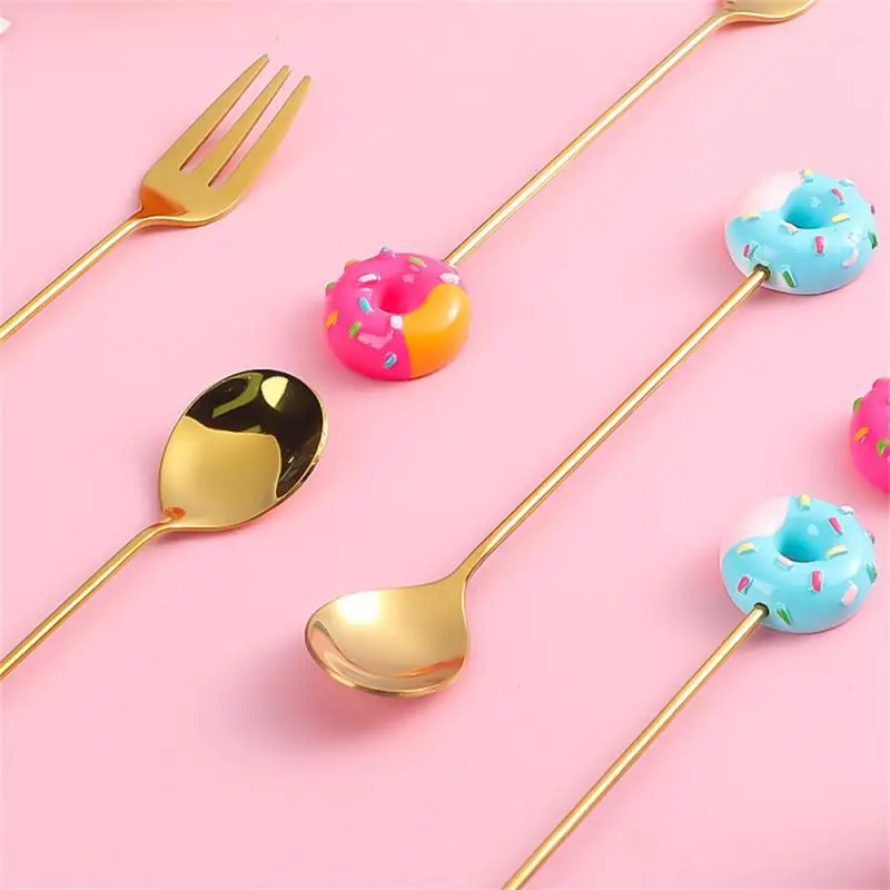 Cartoon Stainless Steel Fork Donut Shape Cute Dessert Cake Small Fork Fruit Forks Kids Set Kitchen Utensils Household Tableware