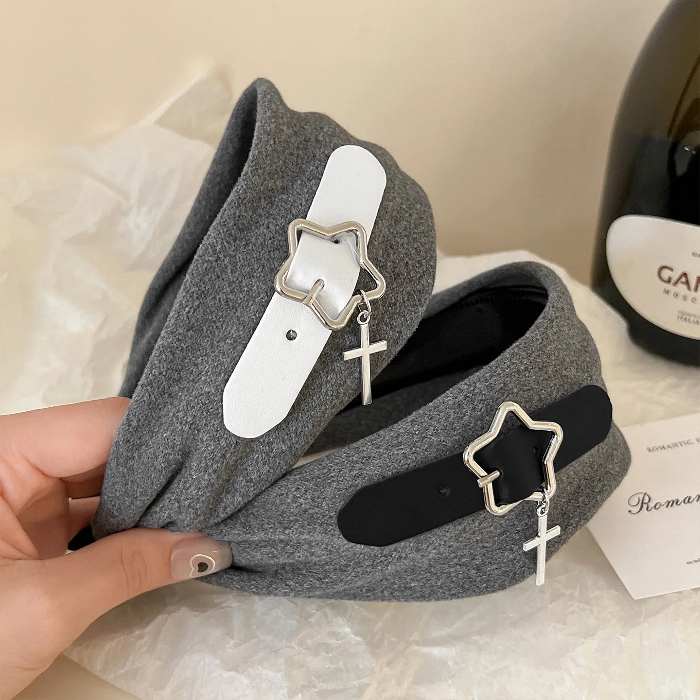 

Широкие повязки для волос Y2K с кожаной пряжкой в виде звезды, в стиле Харадзюку, панк, серые обручи для волос, модные аксессуары для волос для женщин