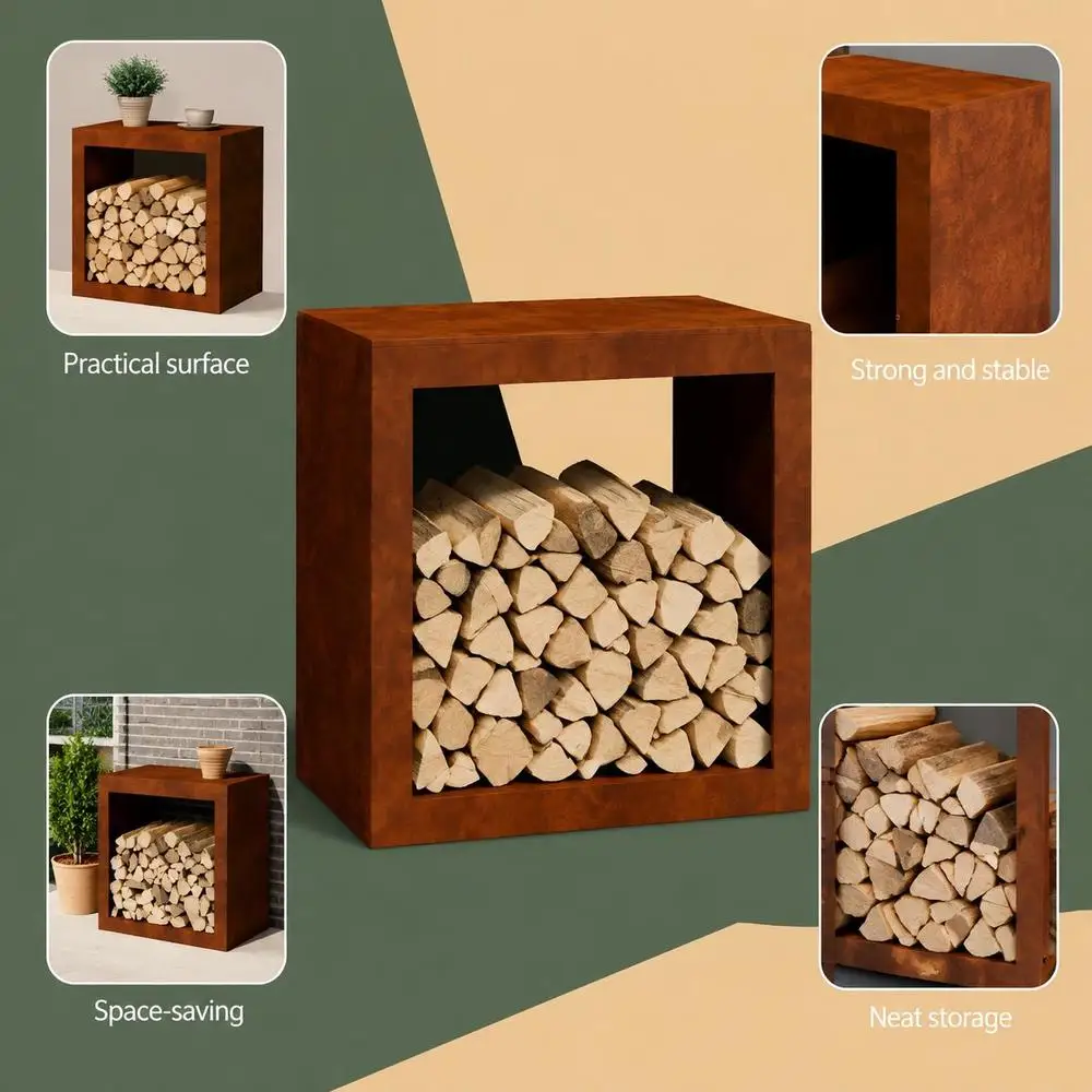 Support à bois de chauffage en acier Corten, porte-bûches pour cheminée, support robuste pour le stockage du bois avec conception favorisant une circulation d’air optimale, pour foyer intérieur ou extérieur, 60 x 40 x 60 cm.