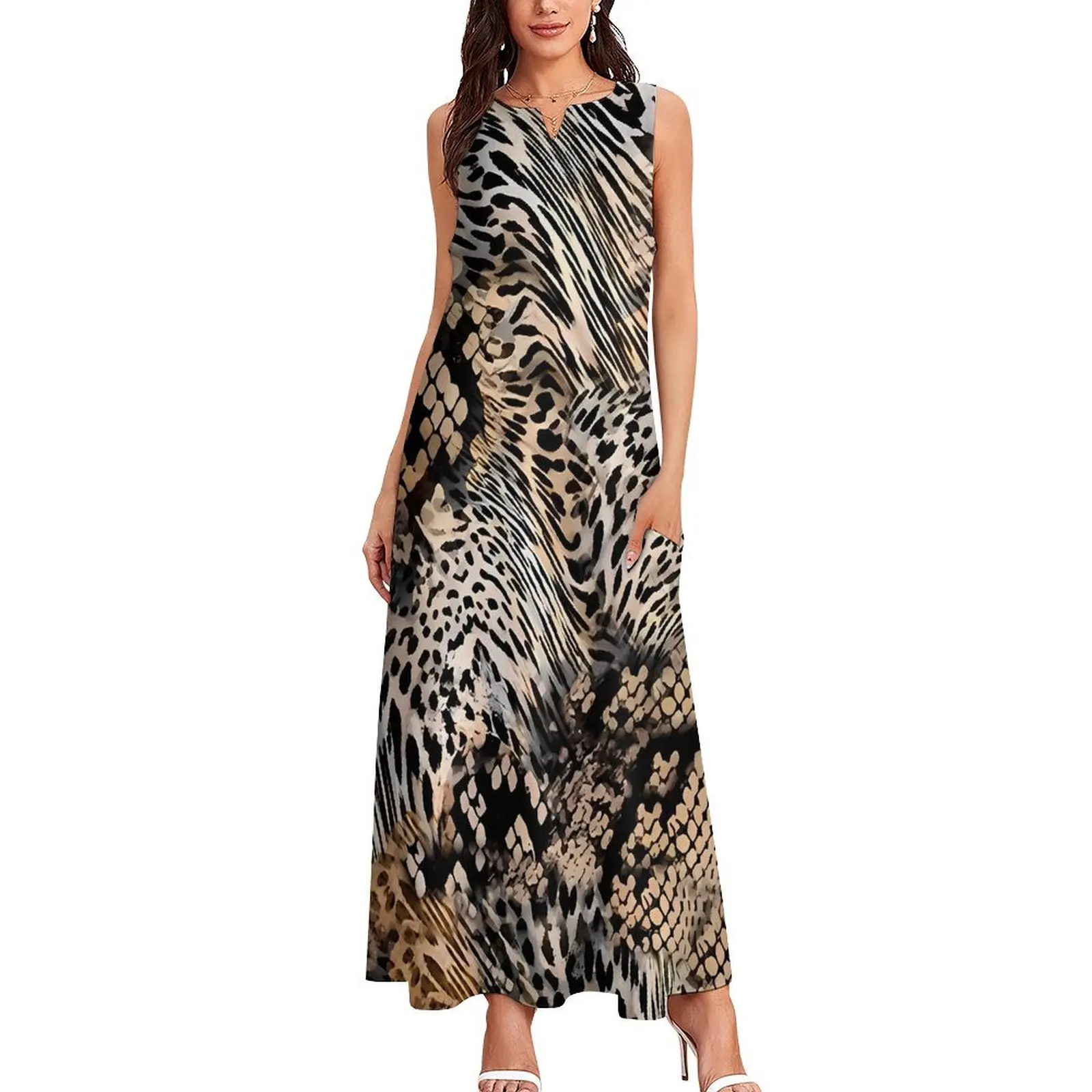 Snake Skin Dress Leopard Print Elegant Maxi Dress V Neck Custom Boho Beach Long Dresses Aesthetic Oversized Clothes