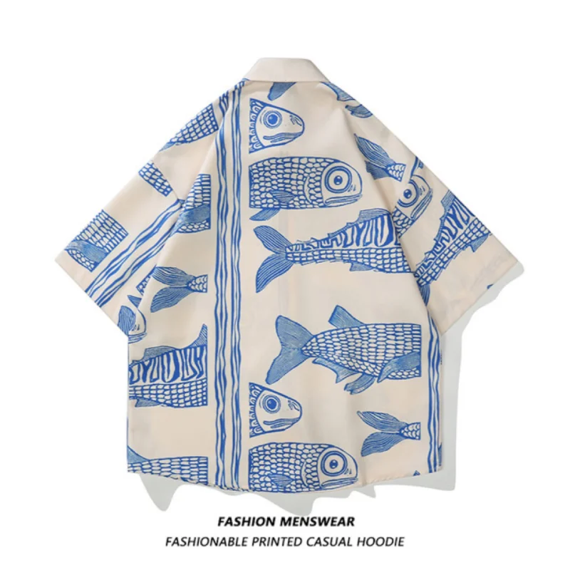 Short Sleeved Japanese Vintage Fish Full Print Shirt Men Women Hawaii Vacation Couple Floral Shirt