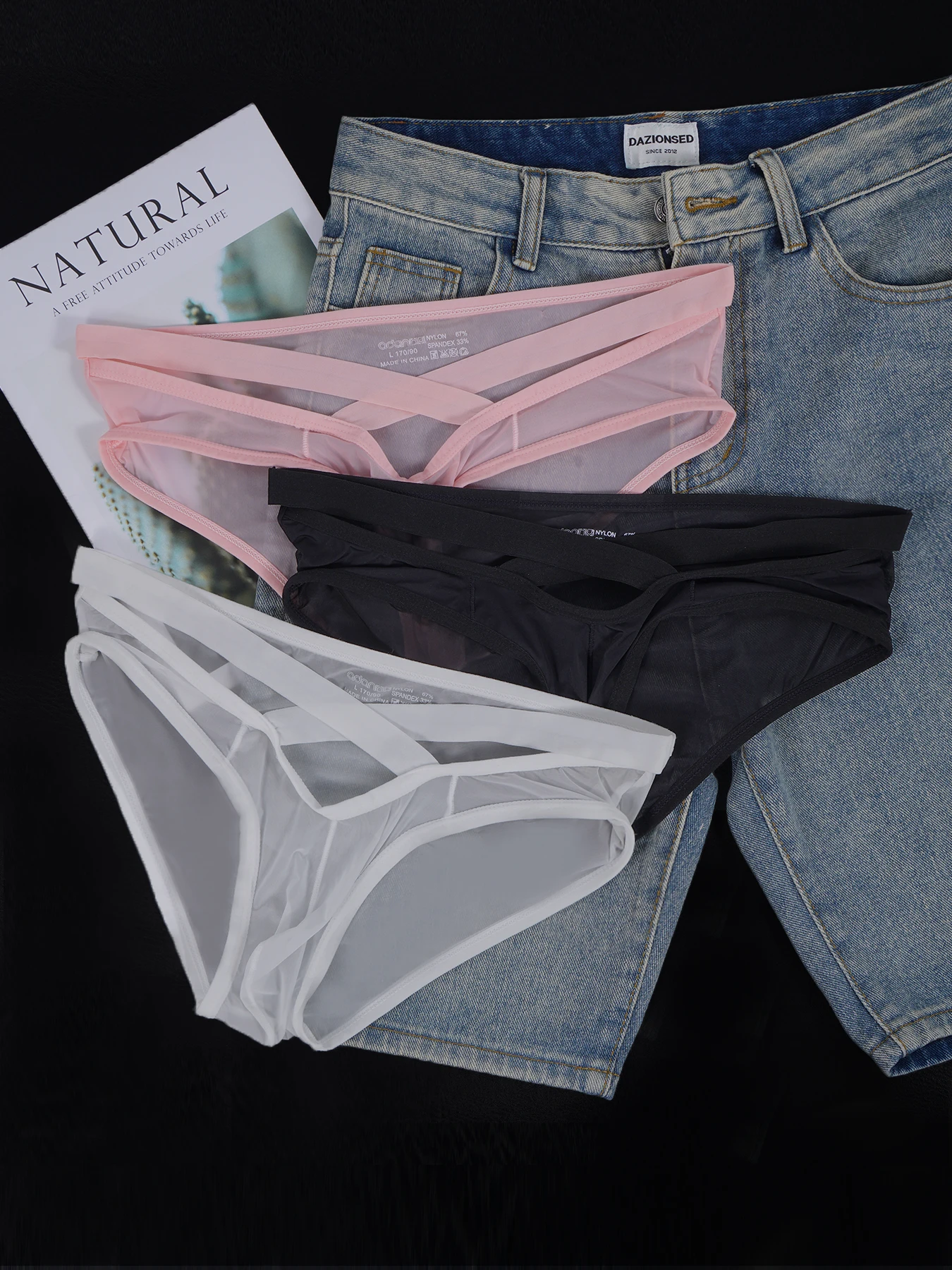 Men's Sheer Mesh Low-Waist Triangle Underwear Breathable Cross Strap Soft Briefs Single & Multiple Optional