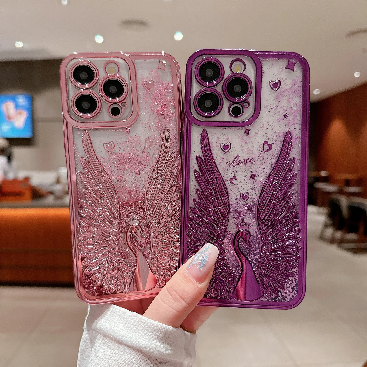 

Luxury Swan Pattern Plating Gradient Quicksand Glitter Case for iPhone 16 Pro Max 12 13 14 Pro 15 Plus Bling Sparkle Phone Case