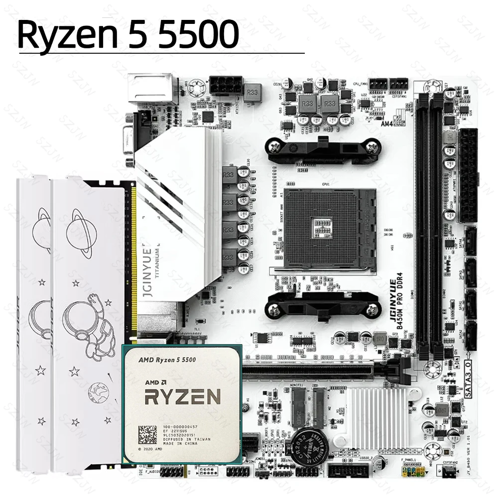 JGINYUE AMD Kit AM4 B450M PRO Motherboard Set with AMD Ryzen R5 5500 Processors 2*16GB=32GB DDR4 3200 Dual Channel Memory