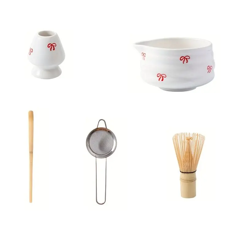 A02M-5 Pieces Of White Decal Matcha Set Set Includes Matcha Bowl, Matcha Mixer And Holder Bamboo Spoon, Sieve