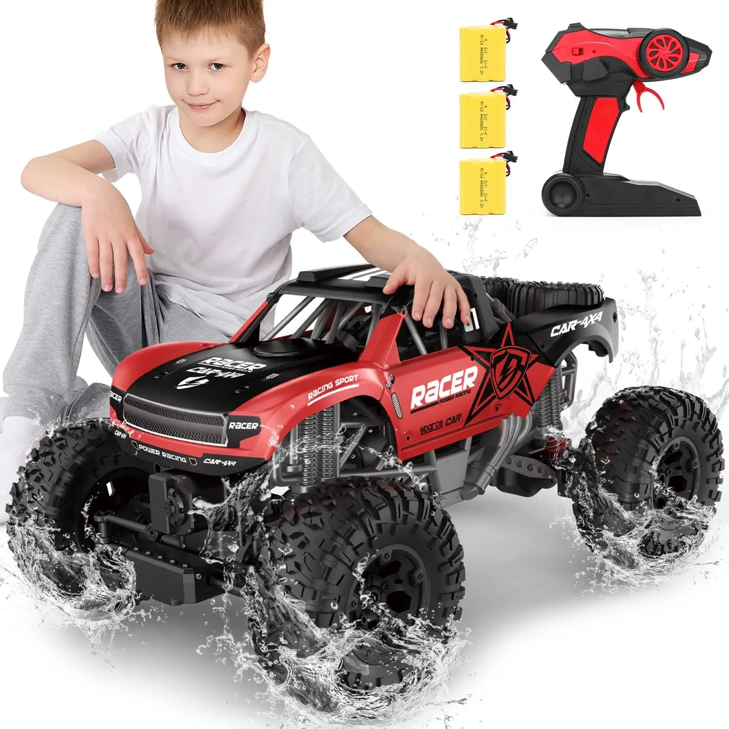 Waterproof - 1:12 Scale Large Amphibious Remote Control Car, Dual Motors Crawler Vehicle, Monster Toys with 3 Rechargeable Batte