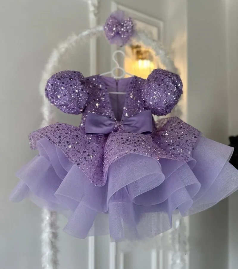 

Child Girl Birthday Dress With Bow Purple Party Dresses Sequined Tiered Short Sleeves Puffy Flower Girl Dresses For Weddings