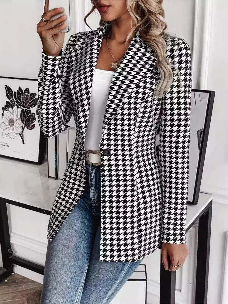 Fashion Leopard Print Blazer Slim Women Suit Autumn Casual Houndstooth Notched Lapel Single Button Coats 2024 New Jacket Female