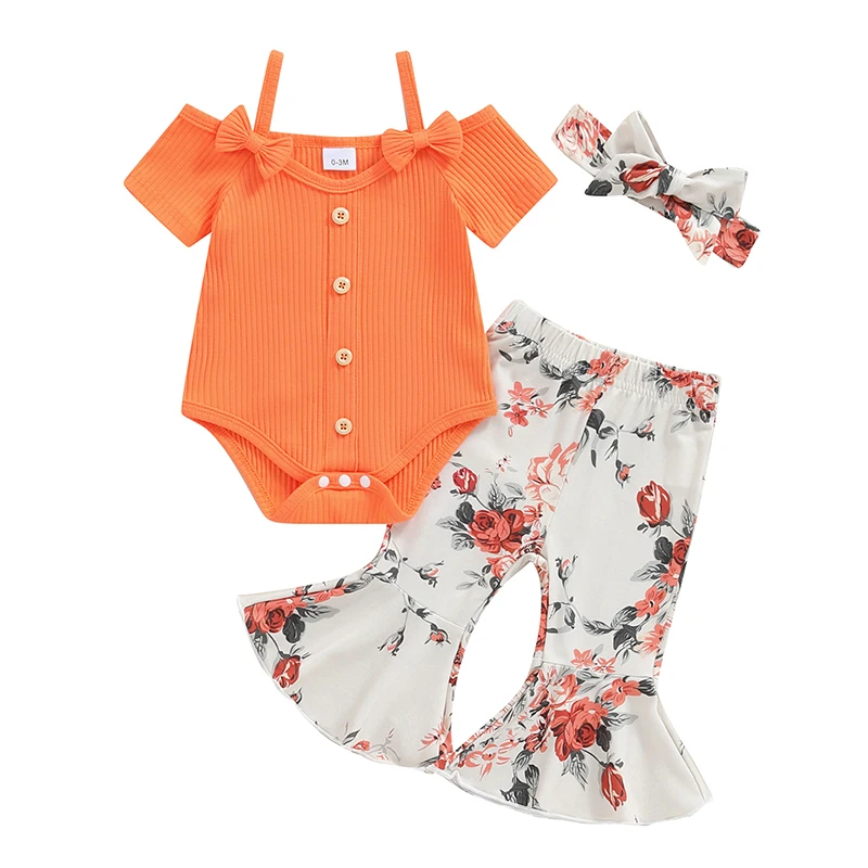 

3-Pieces Baby Girls Set Adorable Short Sleeve Boat Neck Bow Cami Romper Flower Print Trousers Hair Band Outfits