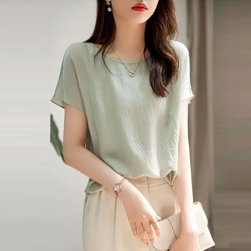 Women Summer Simplicity Loose Office Lady Solid Color O-neck Short Sleeve Chiffon Shirt Women Clothes Casual All-match Top Tee