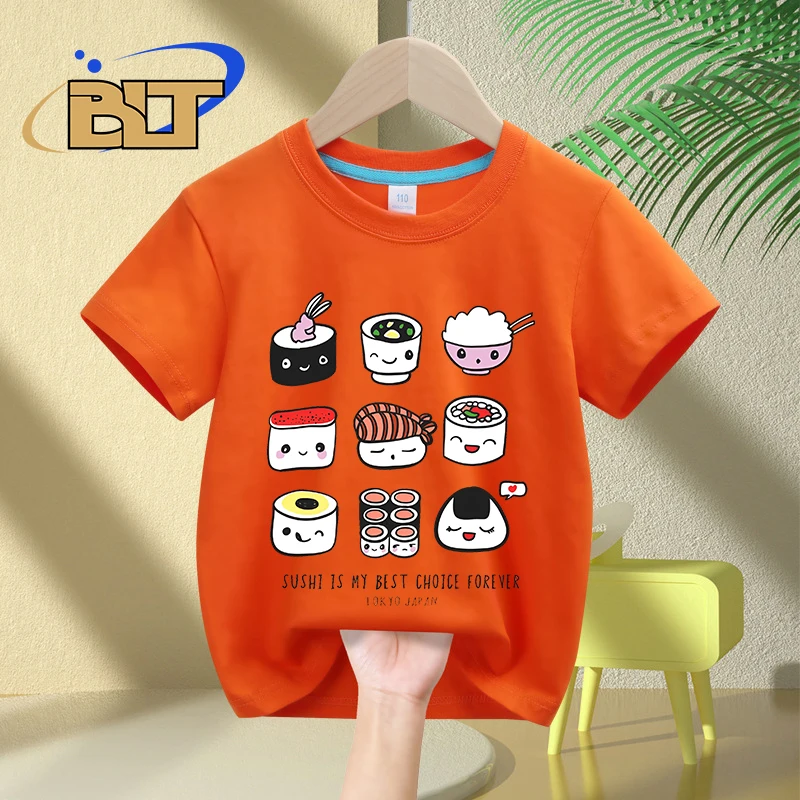 Camiseta con estampado de Sushi para niños, Tops de manga corta de algodón para niños y niñas, regalo de verano, la mejor opción