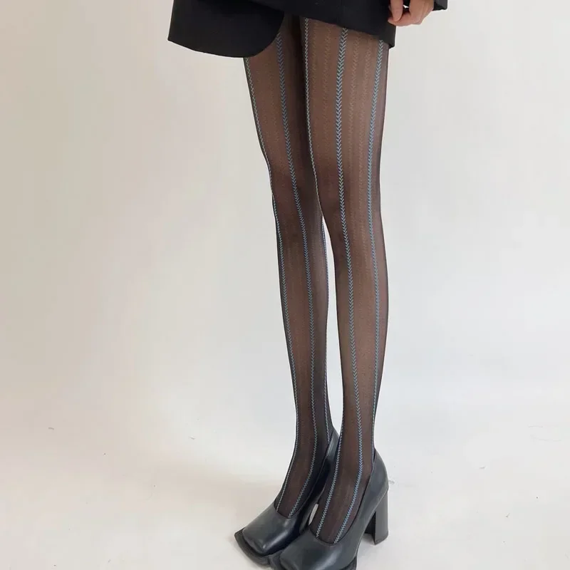 Vintage Sexy Black Vertical Stripes Pattern Stretchy Tights Pantyhose Women's Stockings Gothic Clothes Sexy Women's Underwear