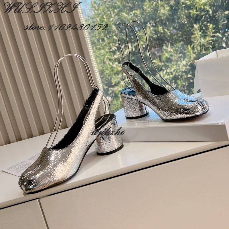 

Slingback Elastic Band Silver Glossy Pump Patent Leather Split Black Sandals Spring Women Low Round Heel Versatile Casual Shoes