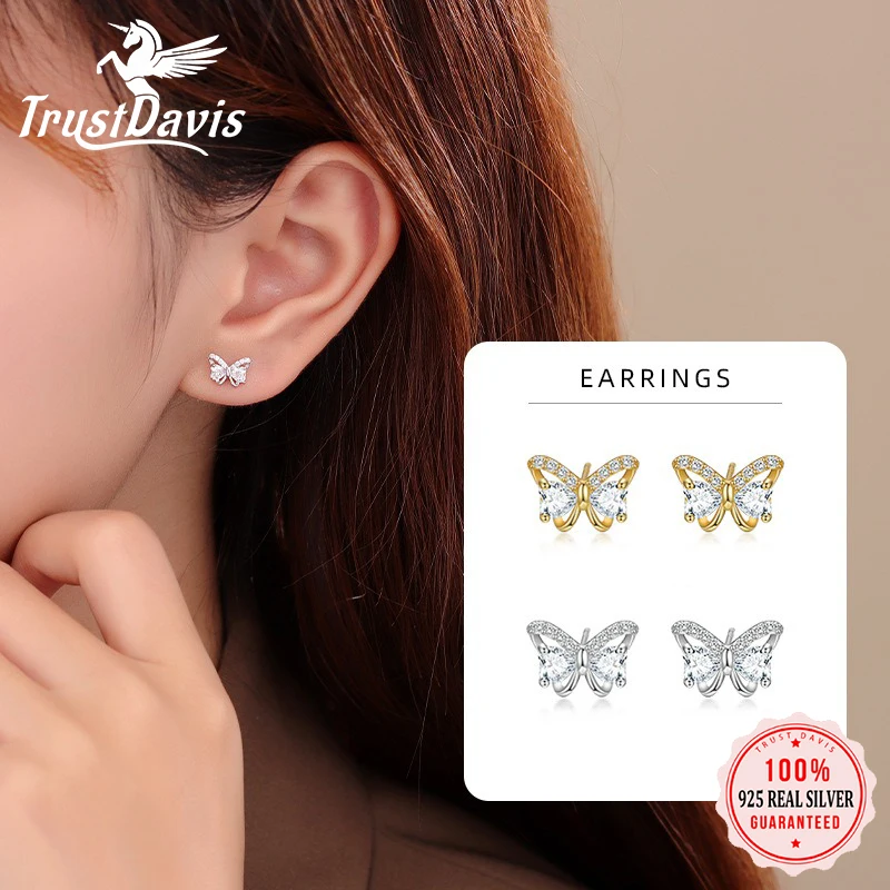 Trustdavis Real 925 Silve Fashion Simple Butterfly Heart-shaped Zircon Earrings for Women Daily Wear Jewelry Gift DS4268