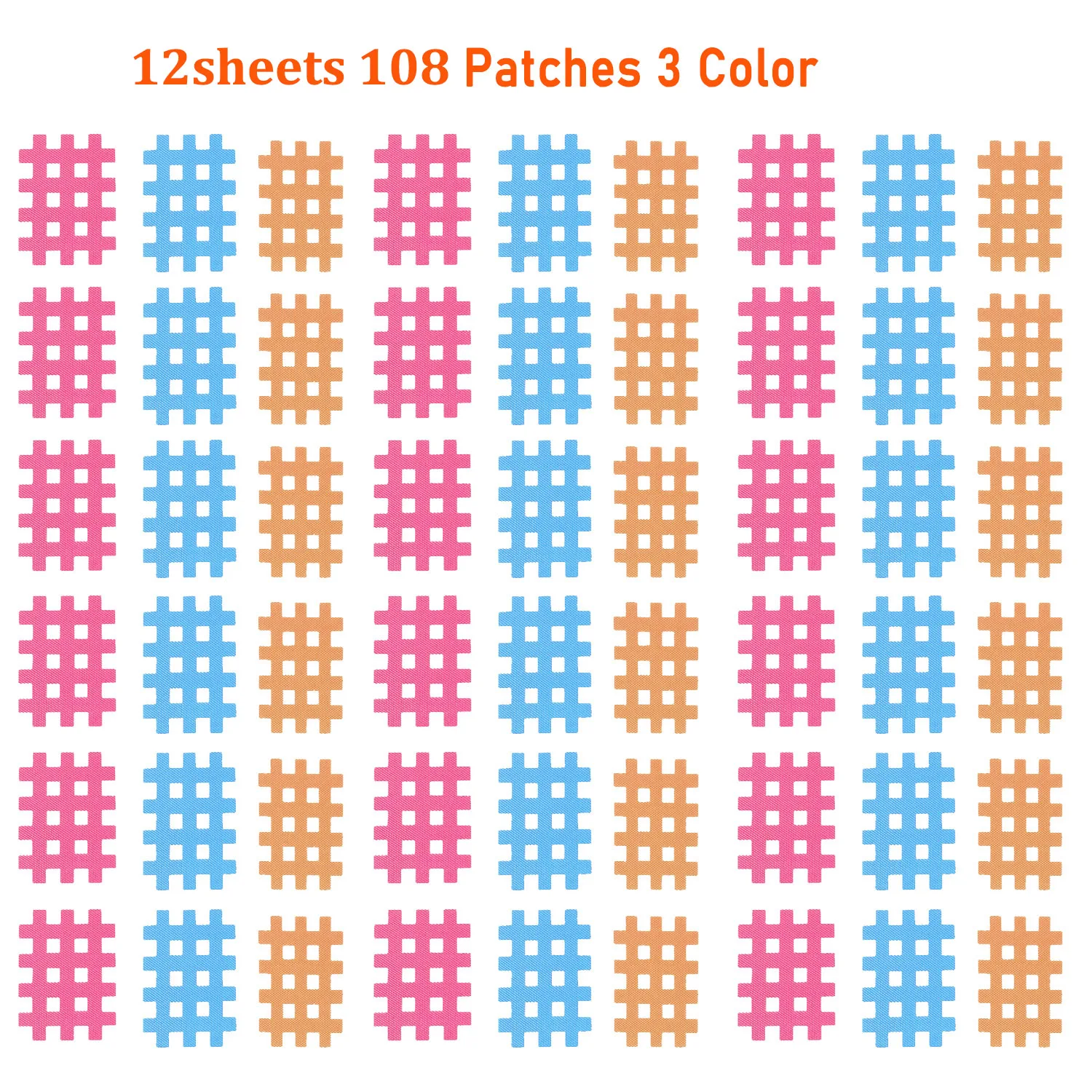 12 Sheets Cross Tape Strong Adhesive108 Patches Waterproof Elastic Muscle Kinesiology Tape Grid-Shaped Tapes for Pain Relief