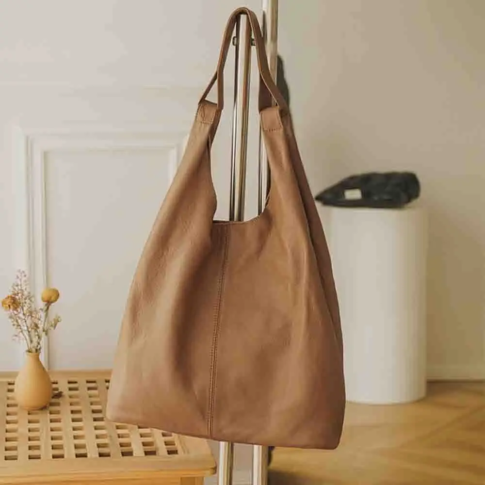 Japanese Style Design Luxury Vegetable Tanned Leather Ladies Handbags and Purses Soft Cowhide Large Tote New