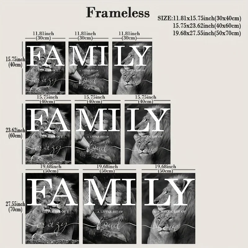 Large-sized frameless  3pcs  Black And White Lion Family Quote Home Signs Canvas Paintings Animal Lion Wall Art Prints A