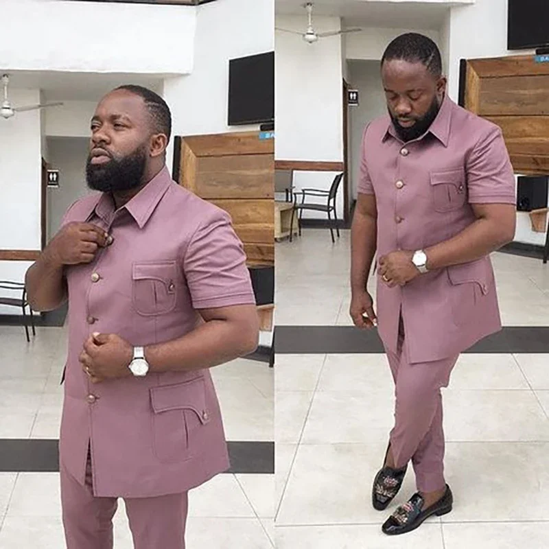 

Африканские мужские костюмы, комплект из 2 предметов, с короткими рукавами и воротником-стойкой, летний пиджак, брюки, свадебный приталенный костюм для выпускного вечера, индивидуальный костюм Homme